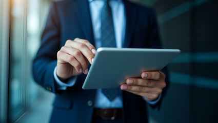 Flat ISO 27001 concept requirements certification management standards businessman using tablet to choose ISO 27001 for information security management system ISMS. concept as Businessman uses a table