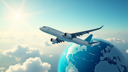 Explore the World: Airplane Flying Over Globe - A Modern Aircraft's Journey Representing Summer Vacation Planning and Tourism Adventures in Stunning Photo Stock Concept