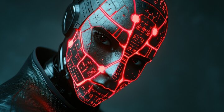A futuristic portrait of a humanoid AI robot with glowing cybernetic patterns on its face