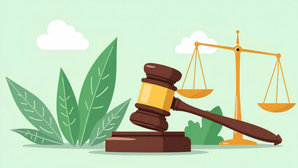 Flat Illustration of Gavel & Scale: Law Meets International Environmental Regulation in Corporate Sustainability