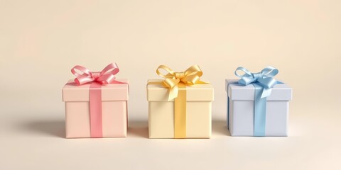 Obraz premium Three pastel gift boxes with bows, neatly arranged on plain background, handmade, product