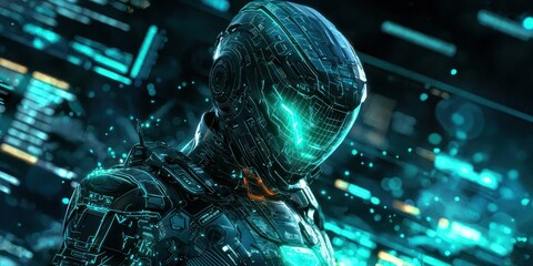 A futuristic soldier in cyber armor glowing with pulsating energy
