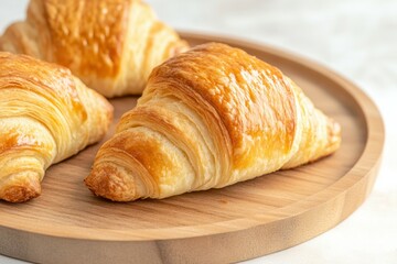 Golden flaky croissants on wooden plate with soft light.