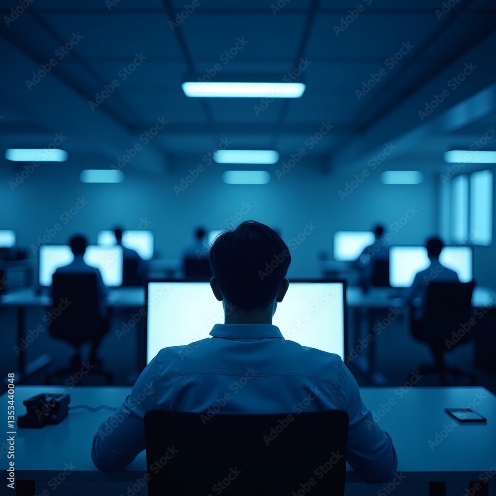 Aufkleber a group of people working in a blue-lit office, focused on their computer screens. the scene capture