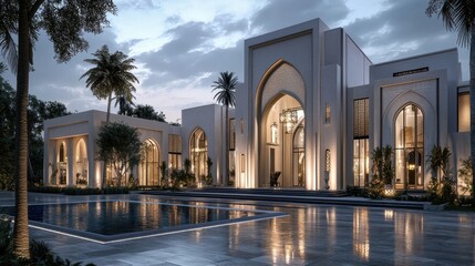 Fototapeta premium A luxurious Muslim building designed for Ramadan festivities, exuding modern elegance and tradition.