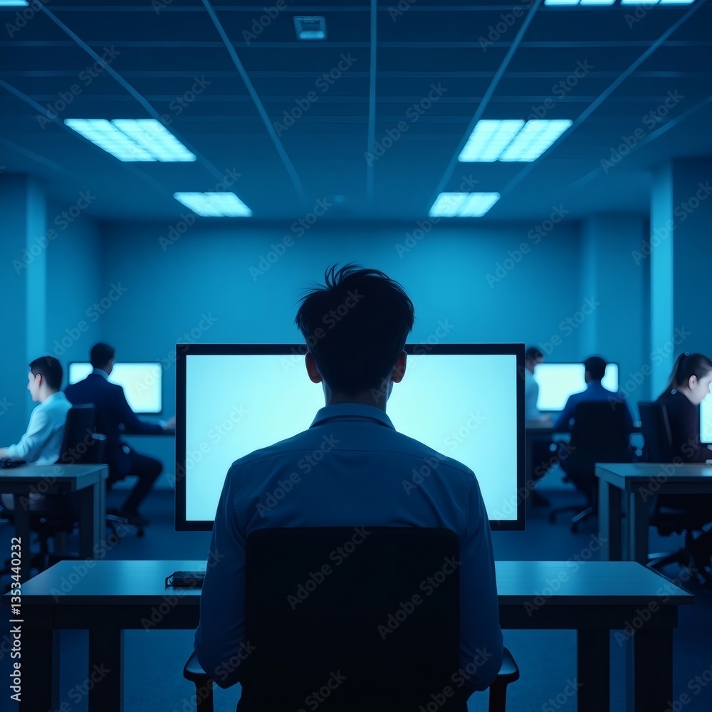 Poster a person working at a computer in a technology workplace at night. Other people and computers are in the room 