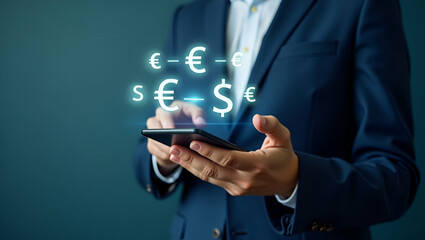 Streamlined Online Banking: Businessman Using Smartphone for Global Currency Transfers and Interbank Payments - A Simple Flat Vector Illustration