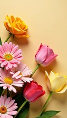 Fototapeta premium Vibrant assortment of flowers including daisies, roses, and tulips on neutral beige backdrop, vibrant, botanical, bouquet