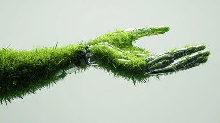 Naklejka premium A futuristic robotic hand covered in vibrant green grass reaching out against a minimalist white background