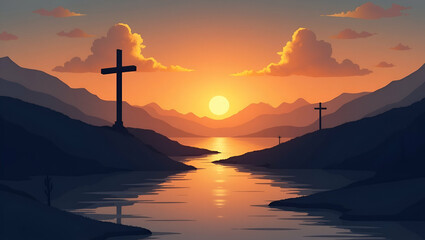 Flat Cross Silhouette on Mountain at Sunset: A Serene Vector Illustration Symbolizing Faith, Spirituality, and Tranquility in Nature's Landscape with Water Reflection