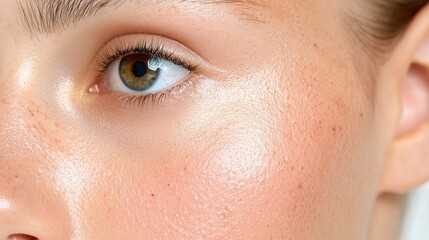 Obraz premium Woman face skin spa lines Close-up view of a glowing, freckled skin with a natural radiance and brown eye.
