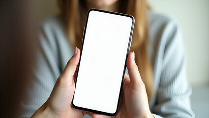 Flat close up womens hands holding smartphone blank white screen create content concept as Close up of a woman holding a smartphone with a blank white screen perfect for content creation and showcasin