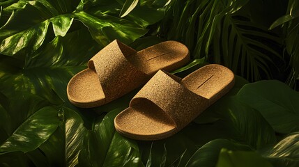 Tan Cork Sandals on Lush Green Tropical Leaves