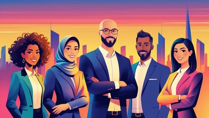 a diverse group of business professionals standing confidently in front of a cityscape. They're dressed in suits, symbolizing professionalism, and are looking forward with hope and pride