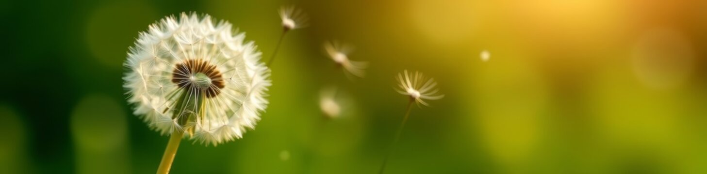 Close-up of dandelion puffball releasing seeds into the air, puffball, macro, close-up