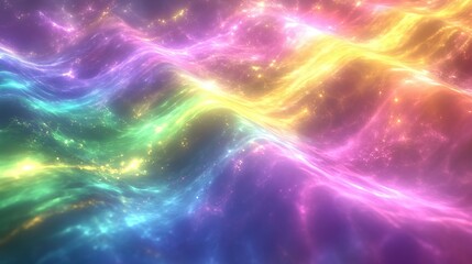Fototapeta premium Mesmerizing aurora flare spectrum background with iridescent shimmering light, featuring neon waves of cyan, magenta, purple, and golden hues, creating a celestial and futuristic glow.