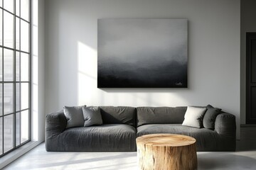 Living room showcases modern decor with a black and grey painting