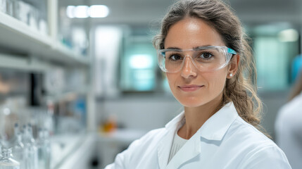 Fototapeta premium scientist in lab wearing protective eyewear, focused on her work with precision