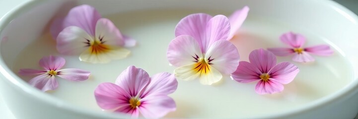 Close-up of delicate pansies gently floating in a white milk bath, serene and peaceful, milk, delicate
