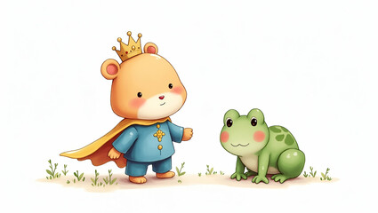 Obraz premium Hand Drawn Watercolor Illustration of a Flat Prince with Frog Friend - Perfect Nursery Art Clipart on White Background for Kids' Room Decor