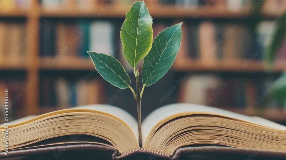 Aufkleber an open book with a sprouting plant symbolizing growth and knowledge in a cozy library setting