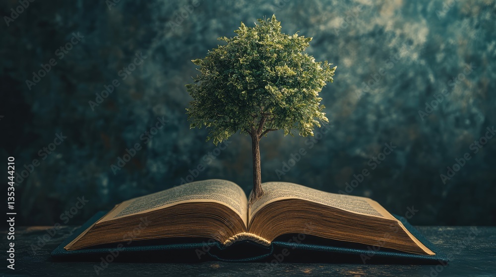 Poster a vibrant tree growing from an open book, symbolizing knowledge and nature's harmony in a rustic set