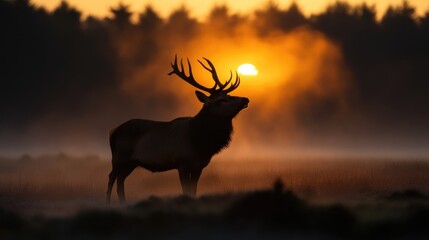 Naklejka premium Majestic elk silhouette at sunrise. Sunrise hues bathe the foggy field, highlighting a magnificent elk silhouetted against the golden light