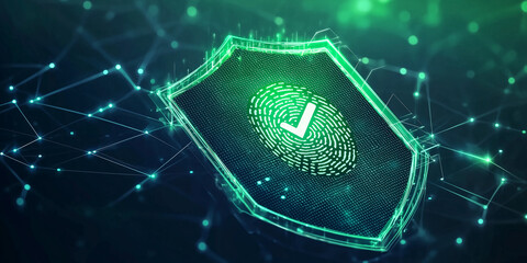 Digital shield with fingerprint and checkmark symbolizing security and verification in cybersecurity technology and data protection fields