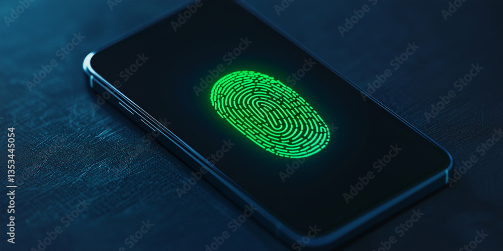 Poster modern smartphone displaying green fingerprint sensor on black screen in dark environment highlighti