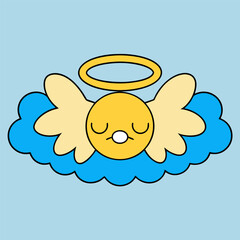 Cartoon baby angel with wings flying among cloud hearts, a vector holiday illustration