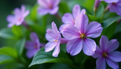 Close up of delicate purple flowers nestled among green leaves, purple, close-up
