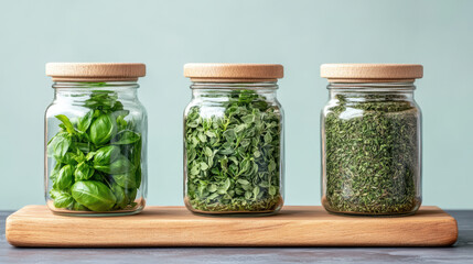 Fresh herbs in jars create vibrant kitchen display, showcasing basil, oregano, and thyme