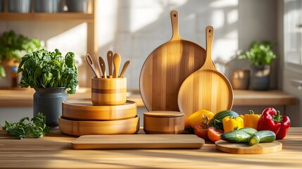Bamboo Kitchen Utensils and Vegetables in Sunlight