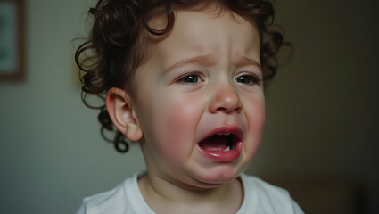 Emotional Portrait of a Crying Baby Boy: Capturing Childhood Vulnerability and Family Themes