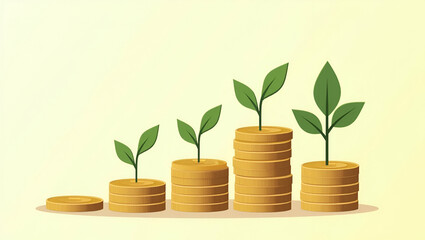 Flat Illustration of seedlings growing on stacked coins symbolizing finance and investment saving money and financial and business growth for profit concept as Illustration of seedlings growing on sta