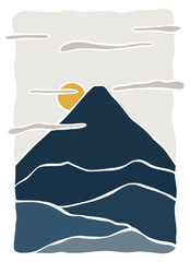 Mountains landscape panorama hand draw illustration. Sun and mountains organic lines matisse style, naive art, contemporary backgrounds vector illustration