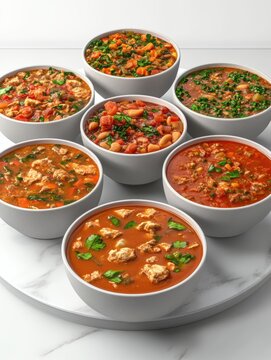 A Beautiful Arrangement of Six Hearty, Flavorful Soups on a Round Marble Surface Featu Italian Wedding Soup, Mirone, and Other Delicacies