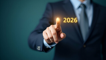 Businessman Interacting with Download Bar for 2026 Year Change