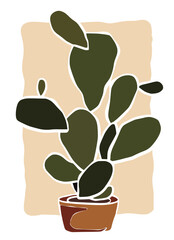 Cactus in pot drawing. Botanical flower framed minimal art print hand drawn leaves shapes matisse style, naive art, contemporary background.