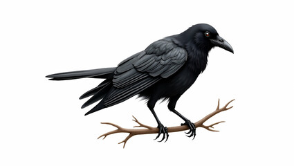 Fototapeta premium Flat Halloween raven clipart featuring spooky bird element in watercolor illustration with crisp details black raven perched on branch isolated on white background concept as Watercolor clipart of a b