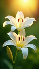 Fototapeta premium Close-up of delicate white lilies with sun rays shining through, creating warm glow, warm glow, close-up