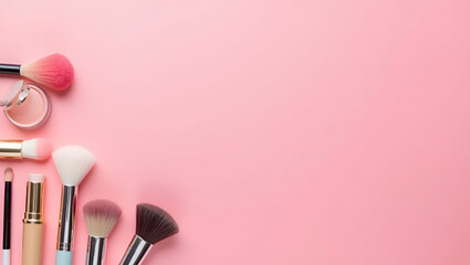 Flat Beauty makeup cosmetics for women displayed in a line row on a pink flat lay background showcasing cheap discount commercial retail sale offers for online purchase top view with copy space makeup