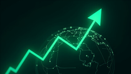 Green stock market graph rising upwards with digital globe background depicting global stock market rally or recovery featuring stock and cryptocurrency elements. concept as Green stock market graph r