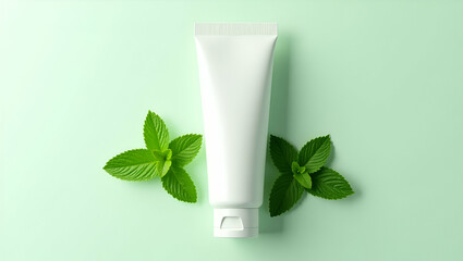 Fresh Mint Leaves & Blank Cosmetic Tube: Minimalist Beauty Branding