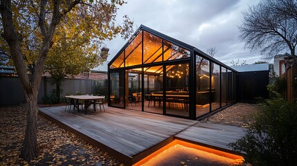Modern glass extension with autumn garden.