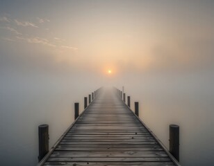 Fototapeta premium Serene sunrise over misty lake with wooden pier extending towards the sun Peaceful and tranquil morning scene
