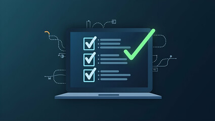 Flat Compliance rules and law regulation policy displayed on virtual screen with checkbox lists emphasizing adherence to regulatory standards and policies concept as Digital representation of complian