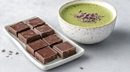 steaming bowl of matcha green tea with chocolate squares creates delightful pairing