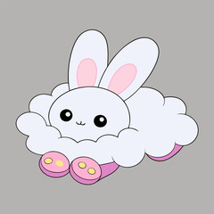 Cute pink cartoon bunny with heart and eggs, a happy Easter illustration