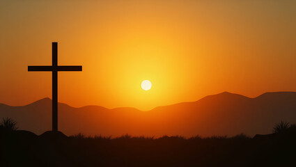 Flat Silhouette of Catholic cross against sunrise symbolizing faith and new beginnings with serene natural backdrop. concept as Silhouette of Catholic cross against sunrise symbolizing faith and new b